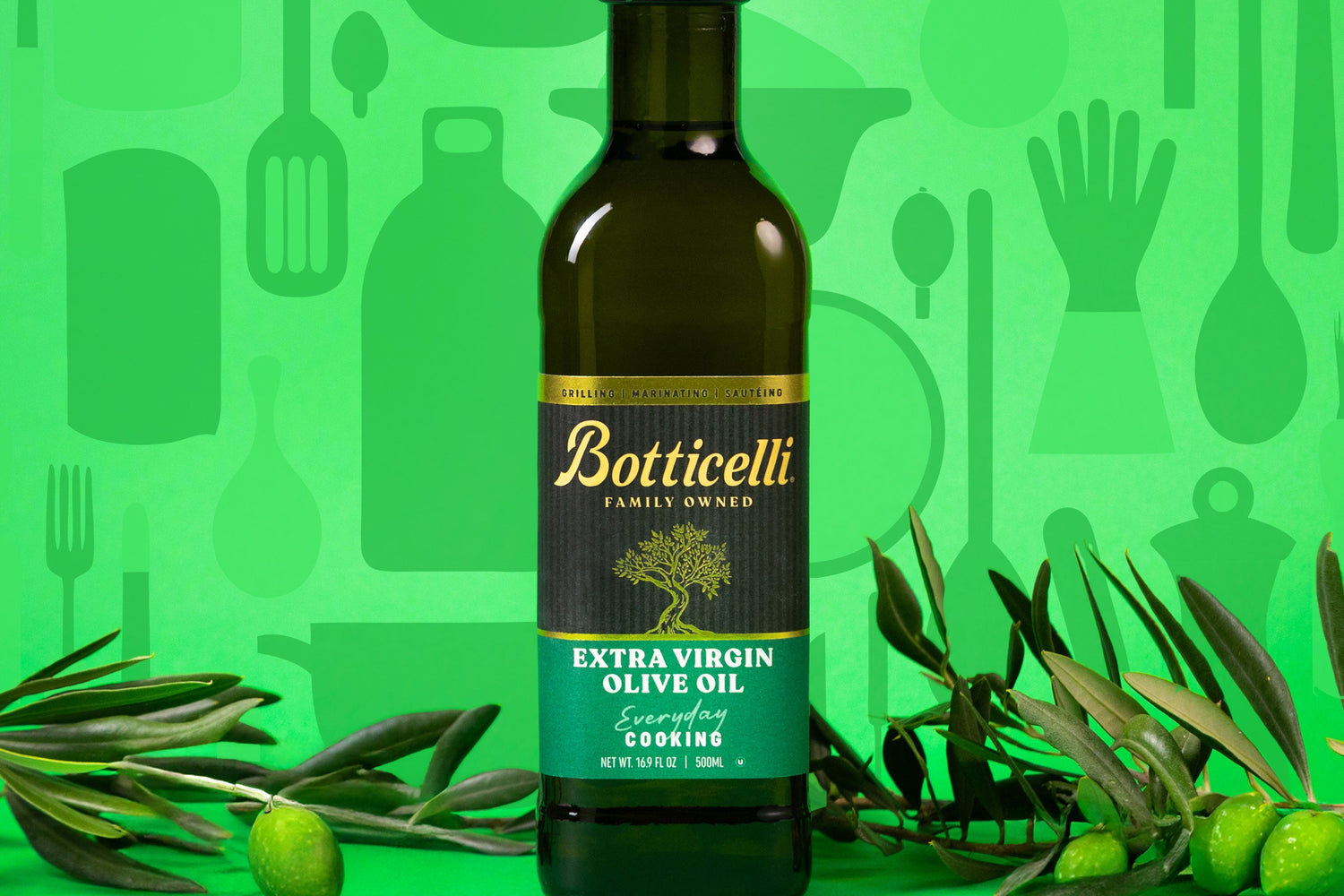 Cooking Extra Virgin Olive Oil with ingredients next to it