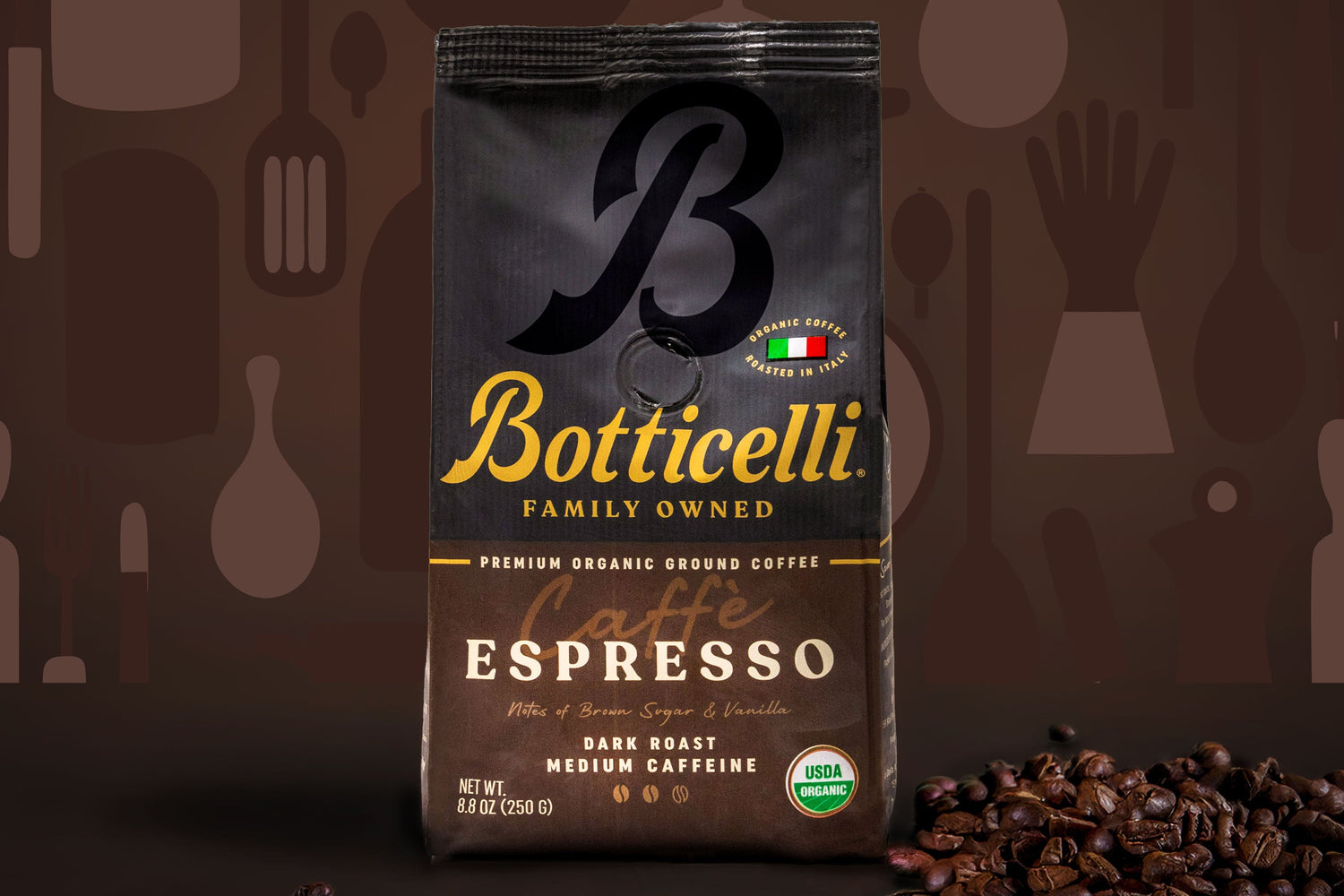 Espresso with coffee beans next to it