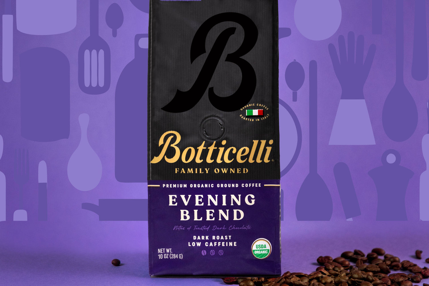 Evening Blend with coffee beans next to it