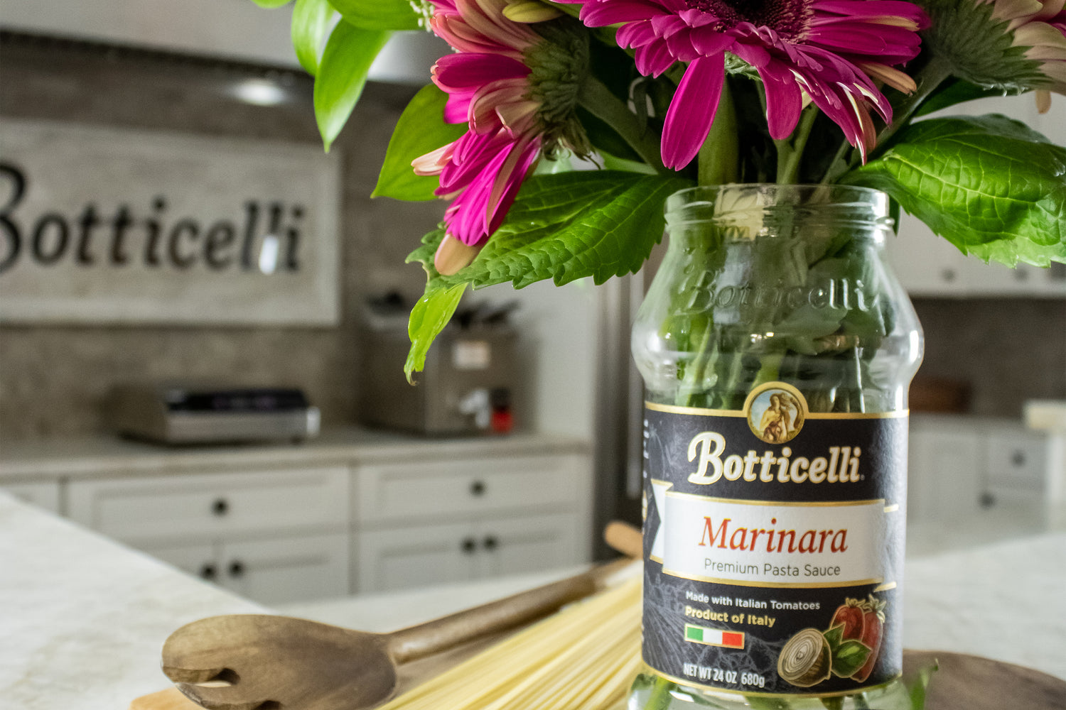 Botticelli Sauce jar used as a vase
