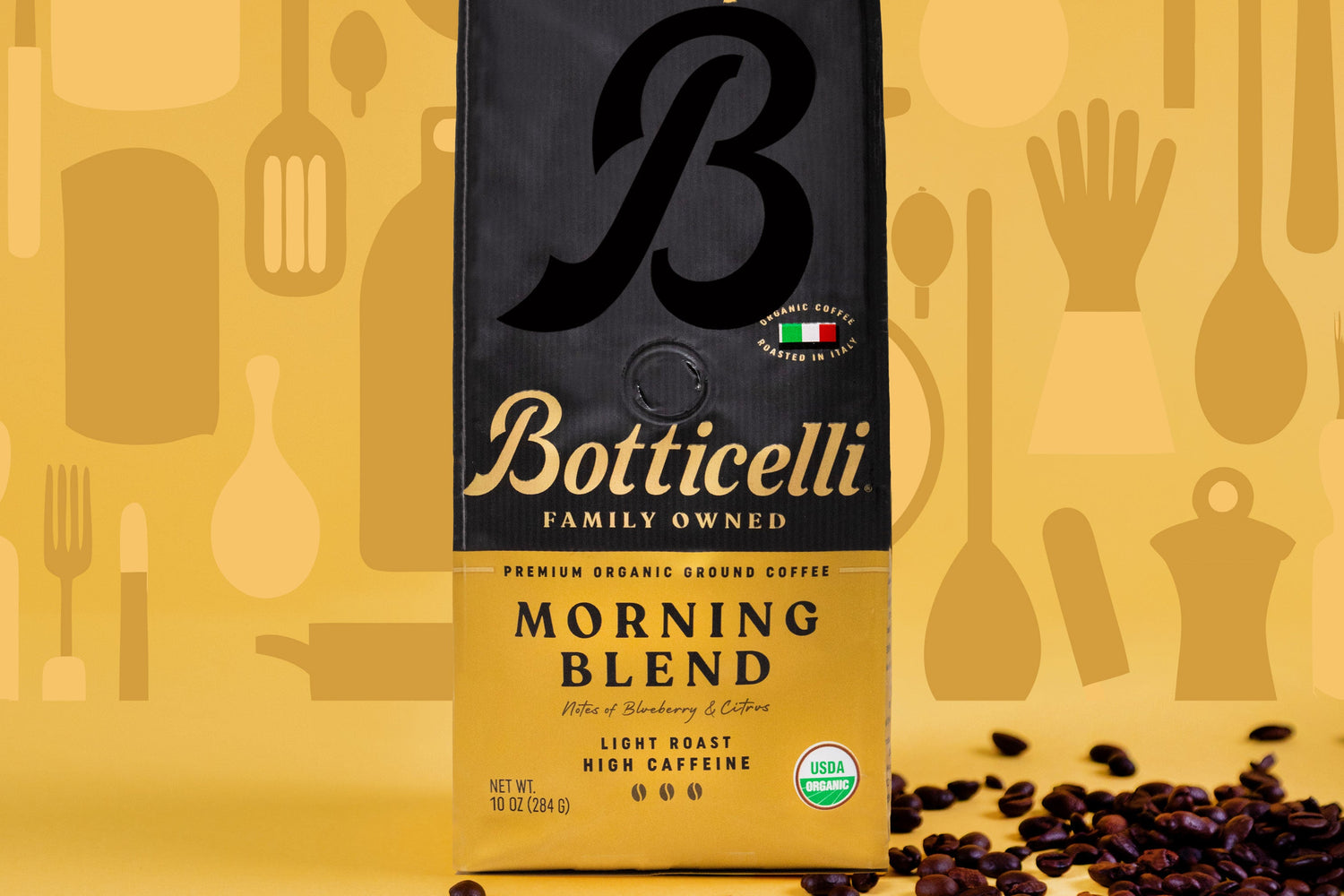 Morning Blend with coffee beans next to it