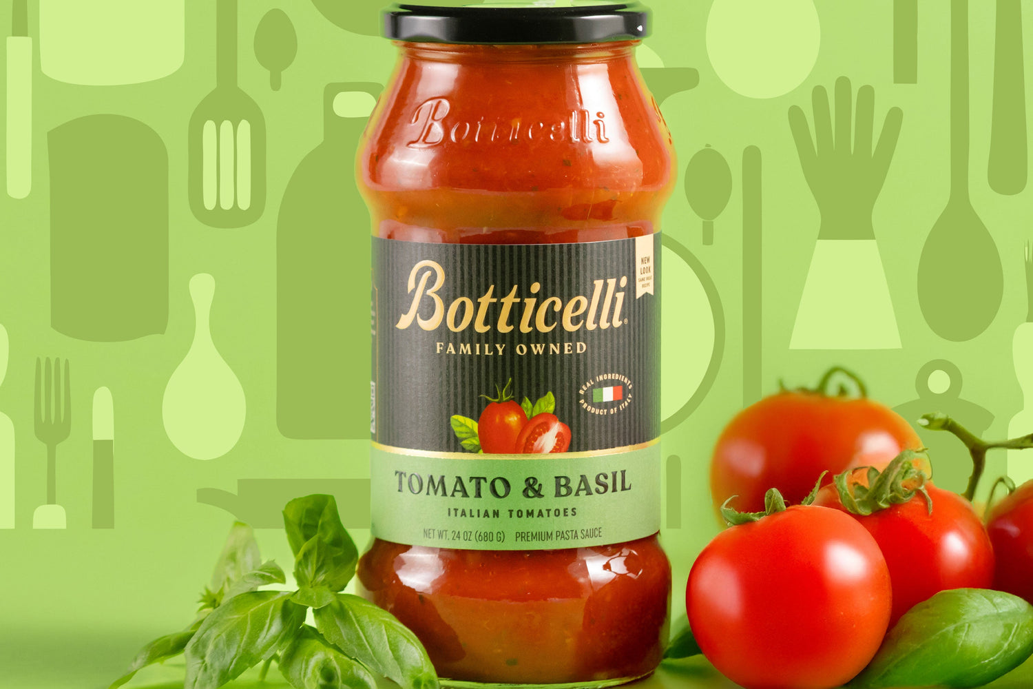 Tomato & Basil Sauce with ingredients next to it