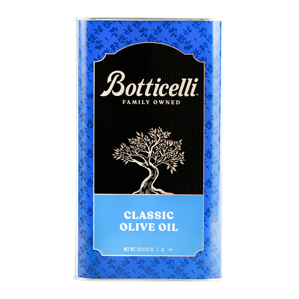 Botticelli olive oil packaging with blue and black design