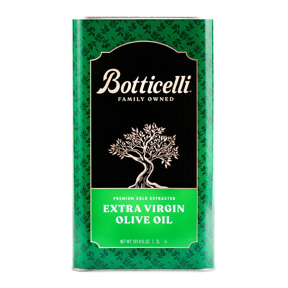 Botticelli olive oil canister with green and black design