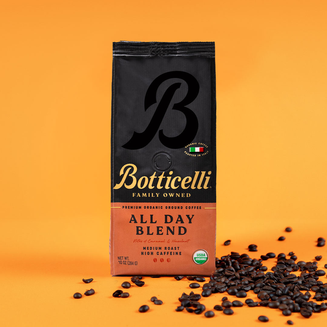 Botticelli coffee bag with coffee beans on an orange background