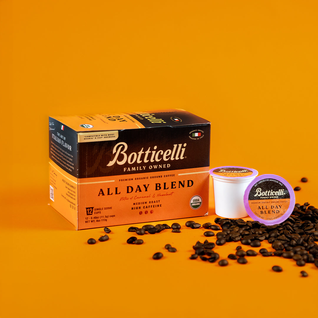 Botticelli All Day Blend coffee packaging on an orange background