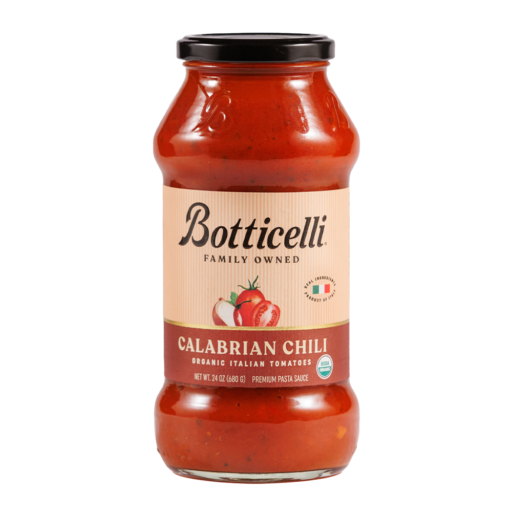 Bottle of Botticelli Calabrian Chili pasta sauce on a white background
