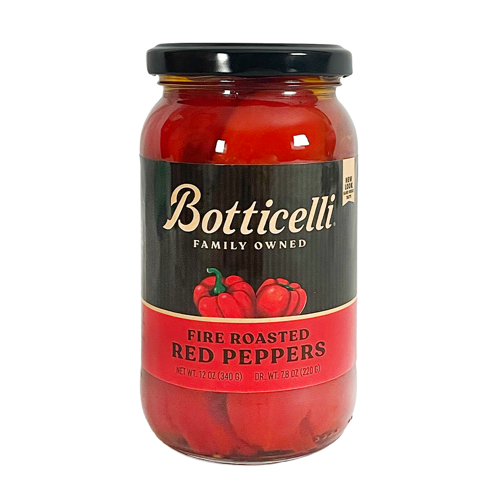 Jar of Botticelli fire roasted red peppers on a white background