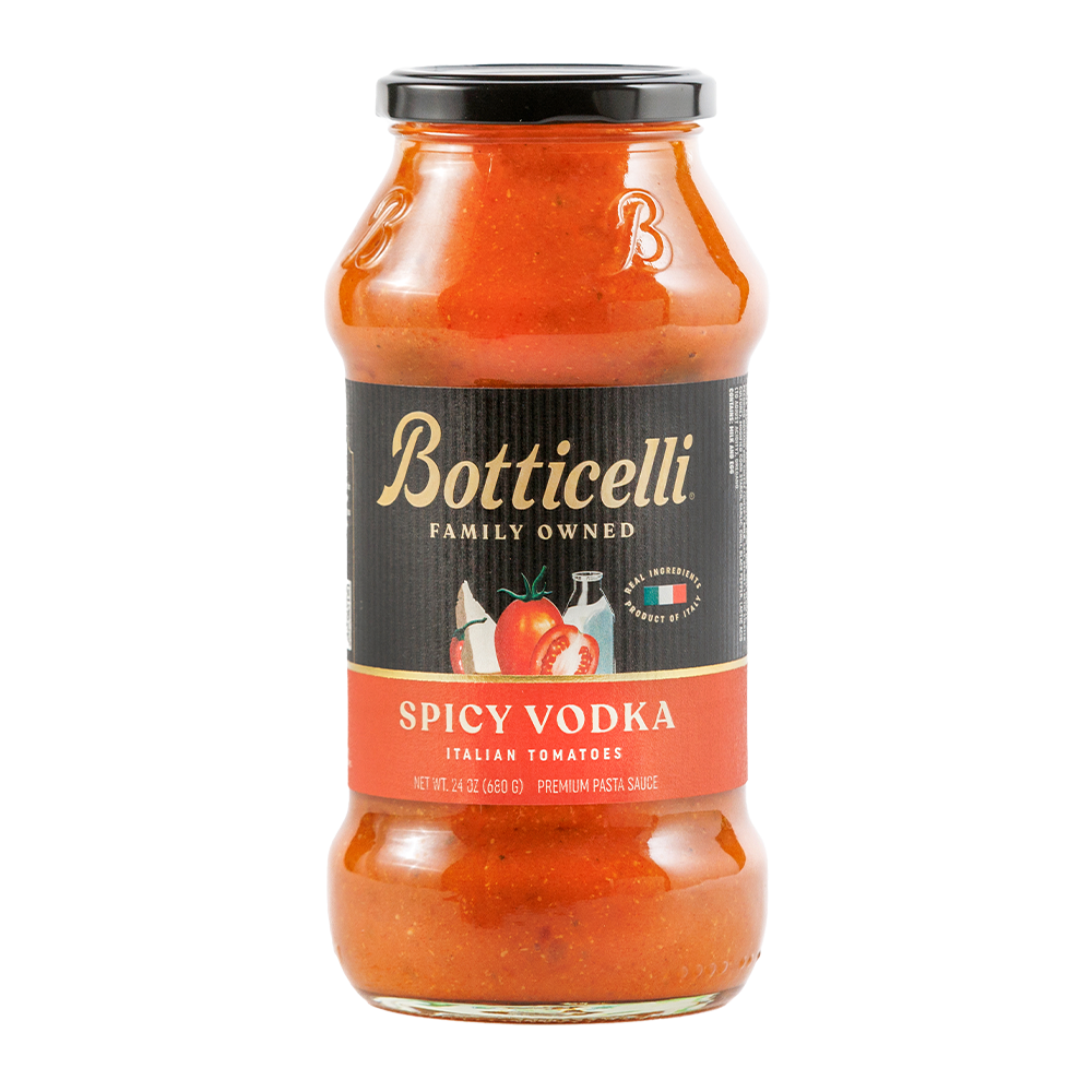 Bottle of Botticelli Spicy Vodka Italian Tomato sauce on a white background