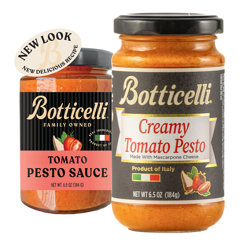 Two jars of Botticelli Tomato Pesto Sauce on a plain white background, one with the old label, one with the new label. A beige circular sticker reading 'NEW LOOK NEW DELICIOUS RECIPE' is attached near the top left of the newly labeled product.