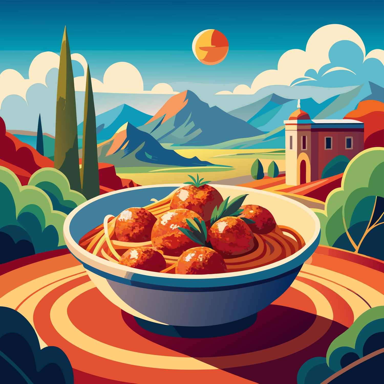 AI illustration of a bowl of spaghetti and meatballs