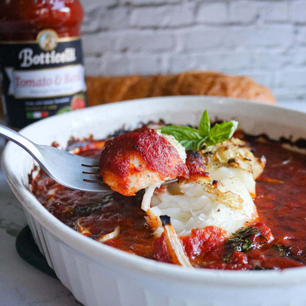 Chilean Sea-bass baked with Tomato and Basil Sauce