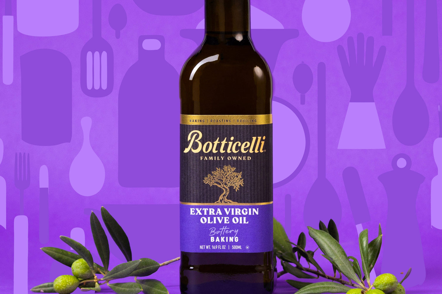 Baking Extra Virgin Olive Oil with ingredients next to it