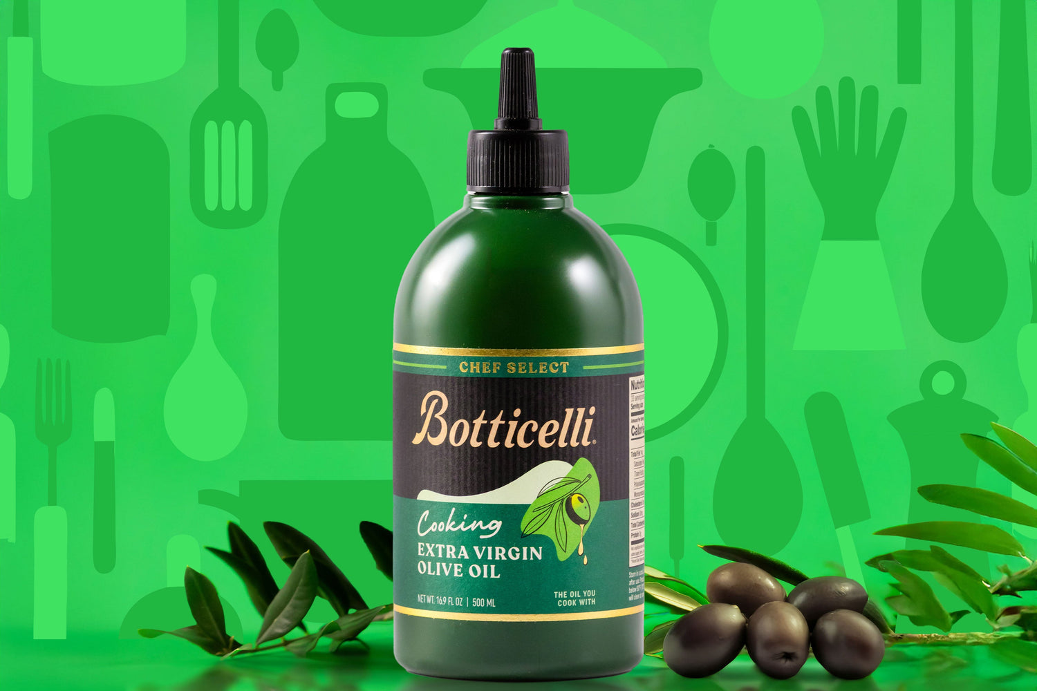 Chef Select Cooking Extra Virgin Olive Oil with ingredients next to it