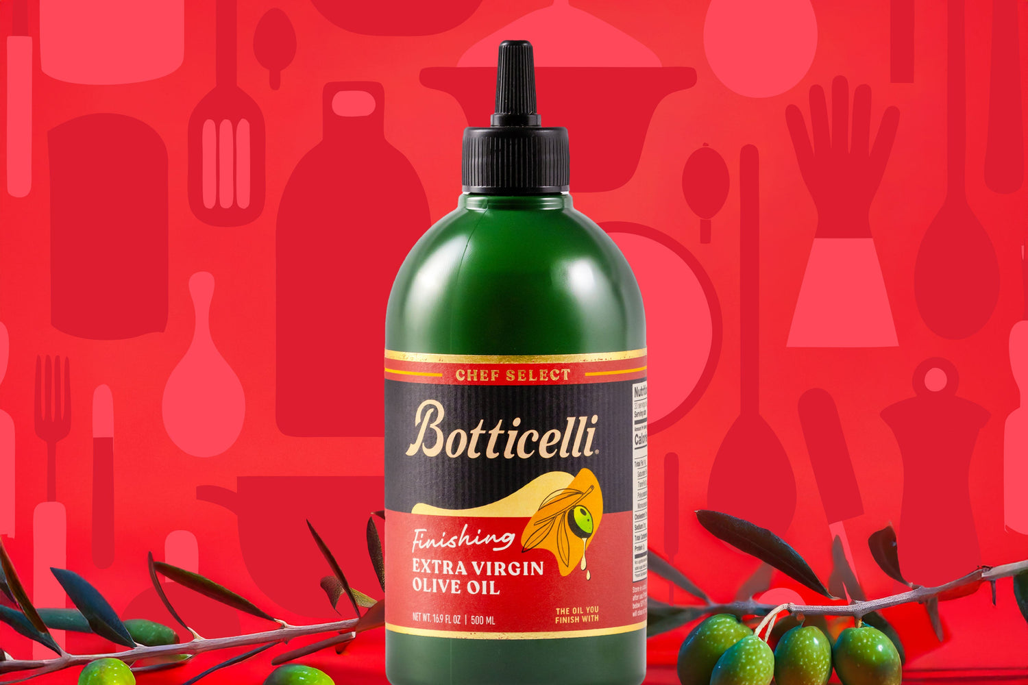 Chef Select Finishing Extra Virgin Olive Oil with ingredients next to it