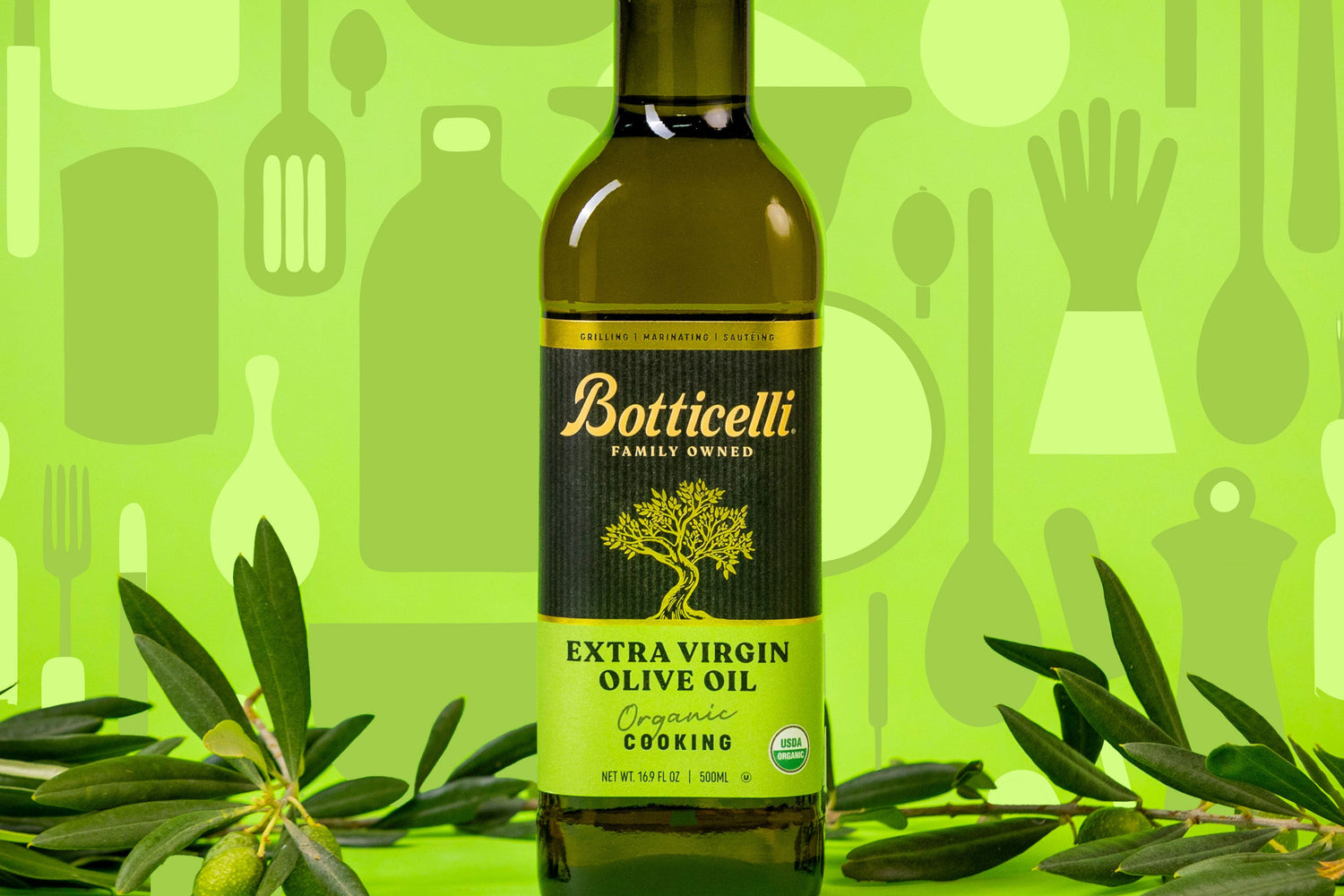 Organic Cooking Extra Virgin Olive Oil with ingredients next to it