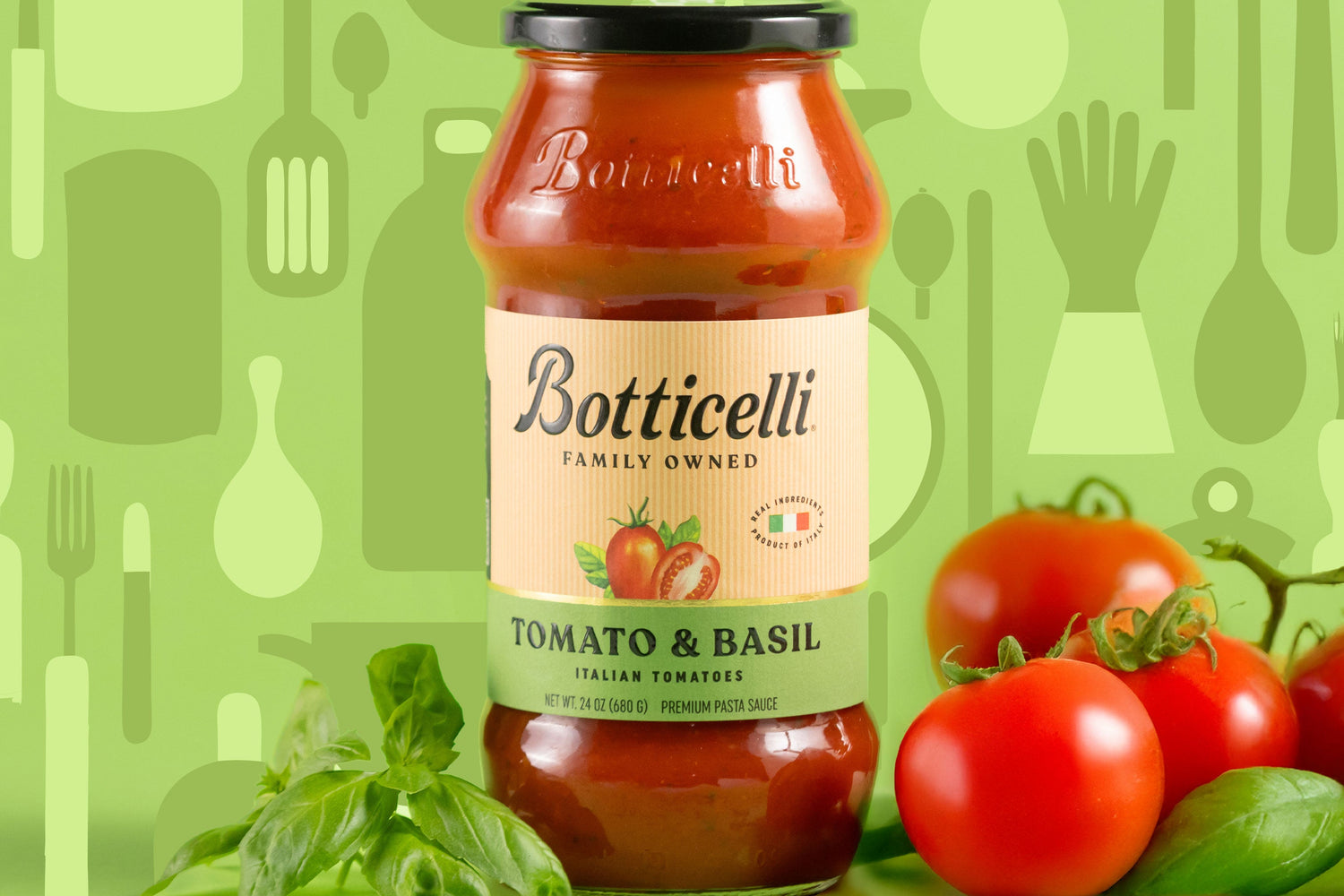 Tomato & Basil Sauce with ingredients next to it