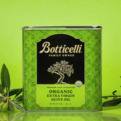 Botticelli organic extra virgin olive oil tin with green background