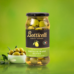 Botticelli Castelvetrano Olives packaging on a green background