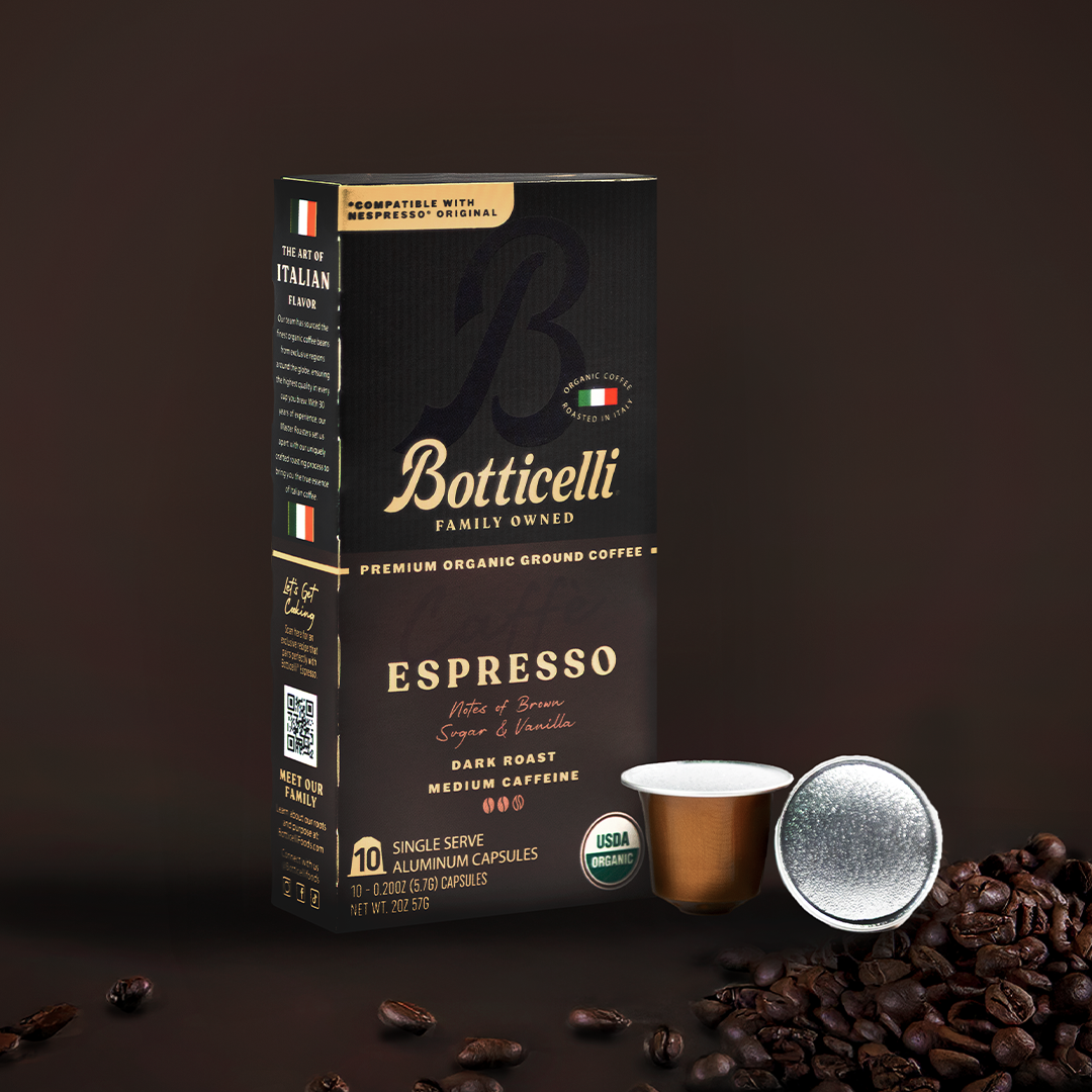Botticelli Espresso coffee packaging on a brown background