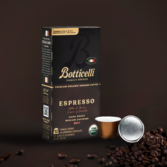 Botticelli Espresso coffee packaging on a brown background