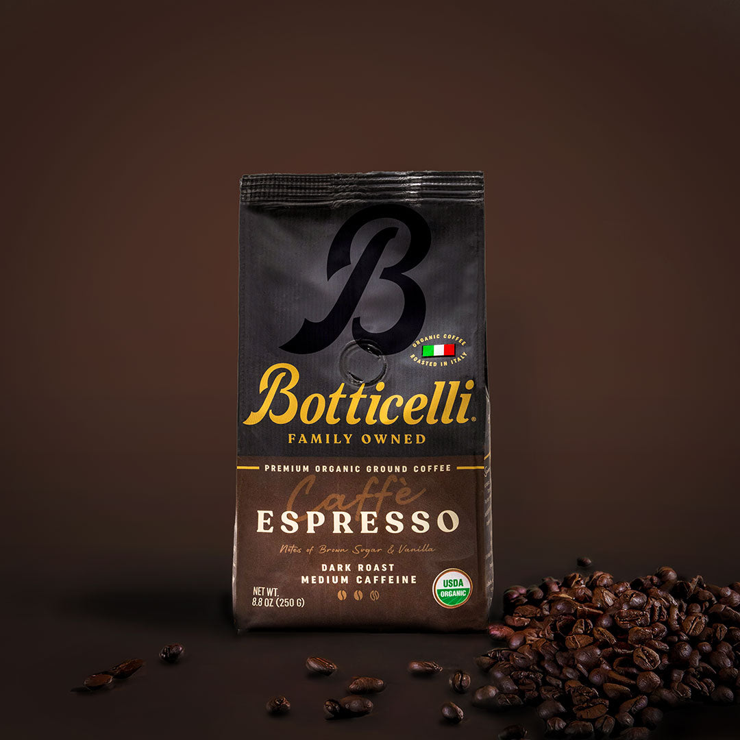 Botticelli Espresso coffee bag with coffee beans on a brown background