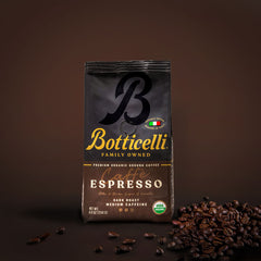 Botticelli Espresso coffee bag with coffee beans on a brown background