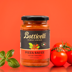 Botticelli Pizza Sauce packaging on a red background