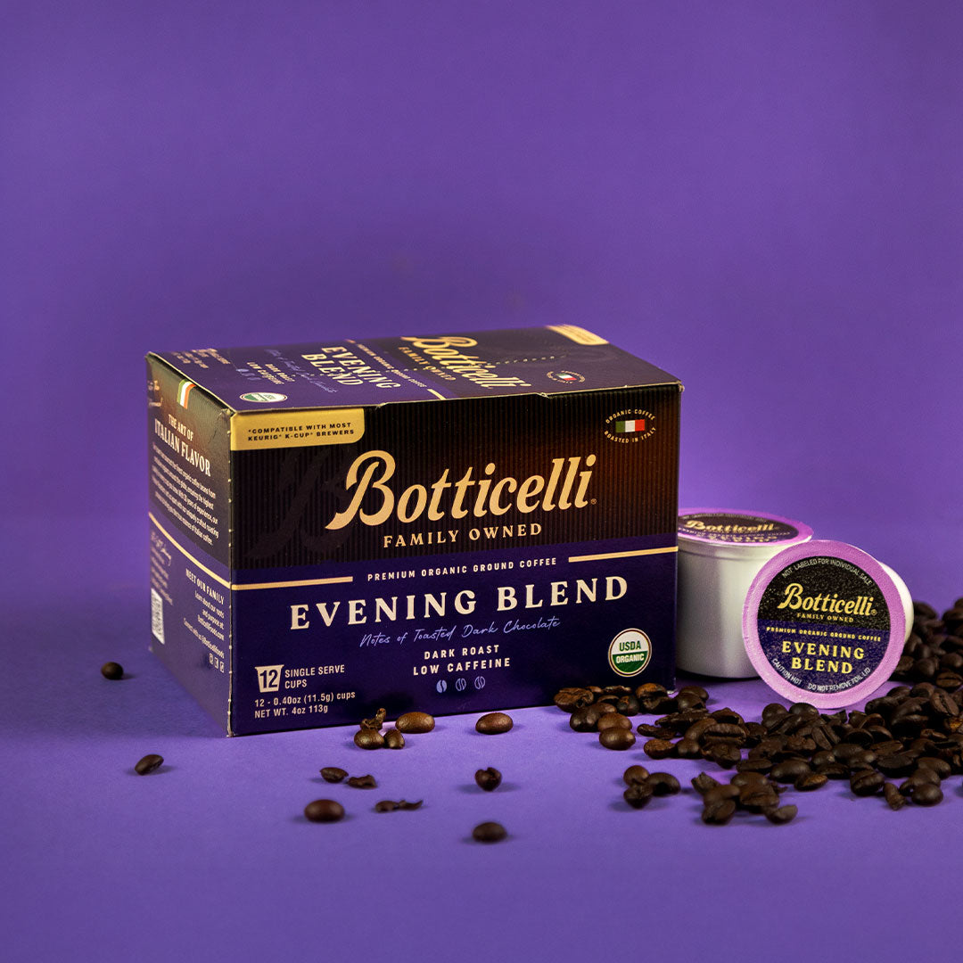 Botticelli Evening Blend coffee packaging on a purple background