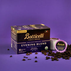 Botticelli Evening Blend coffee packaging on a purple background
