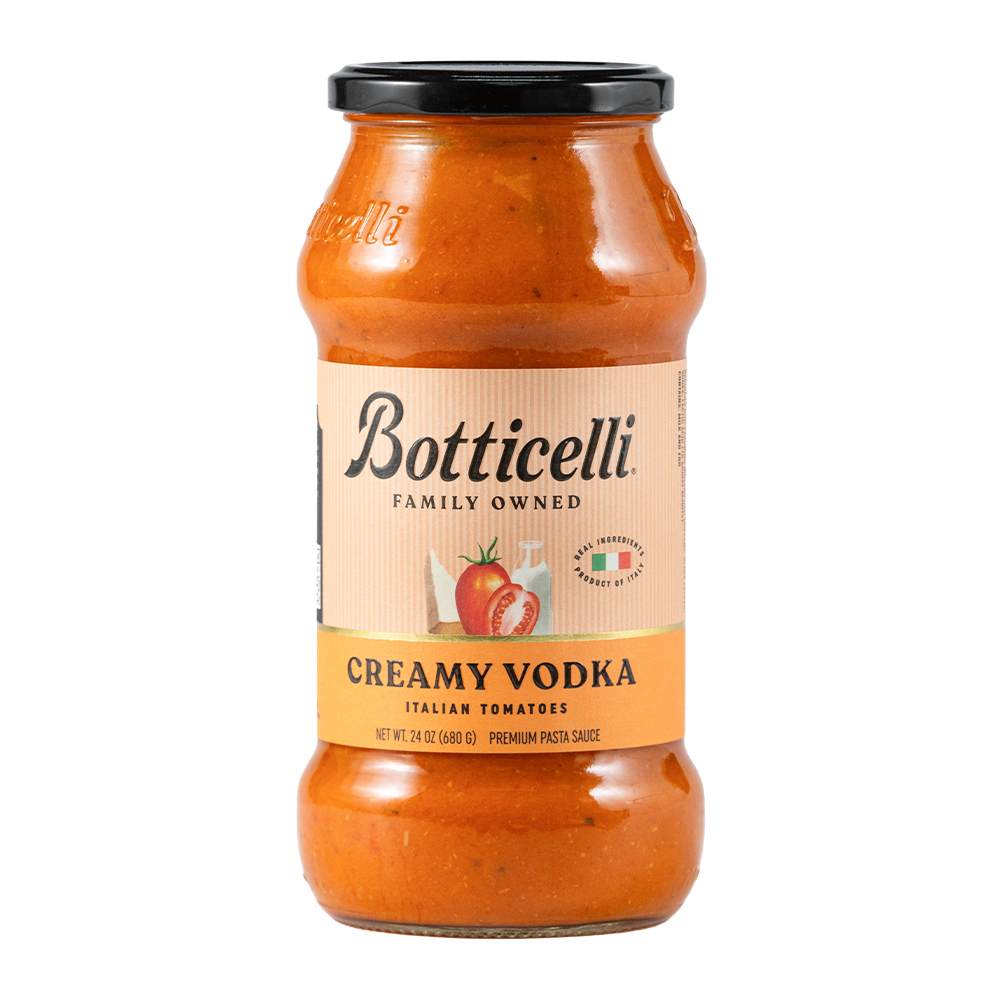 Jar of Botticelli creamy vodka pasta sauce on a white background