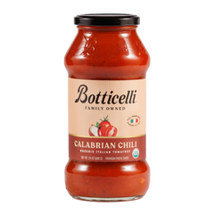 Bottle of Botticelli Calabrian Chili pasta sauce on a white background