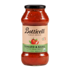 Bottle of Botticelli Tomato & Basil pasta sauce on a white background