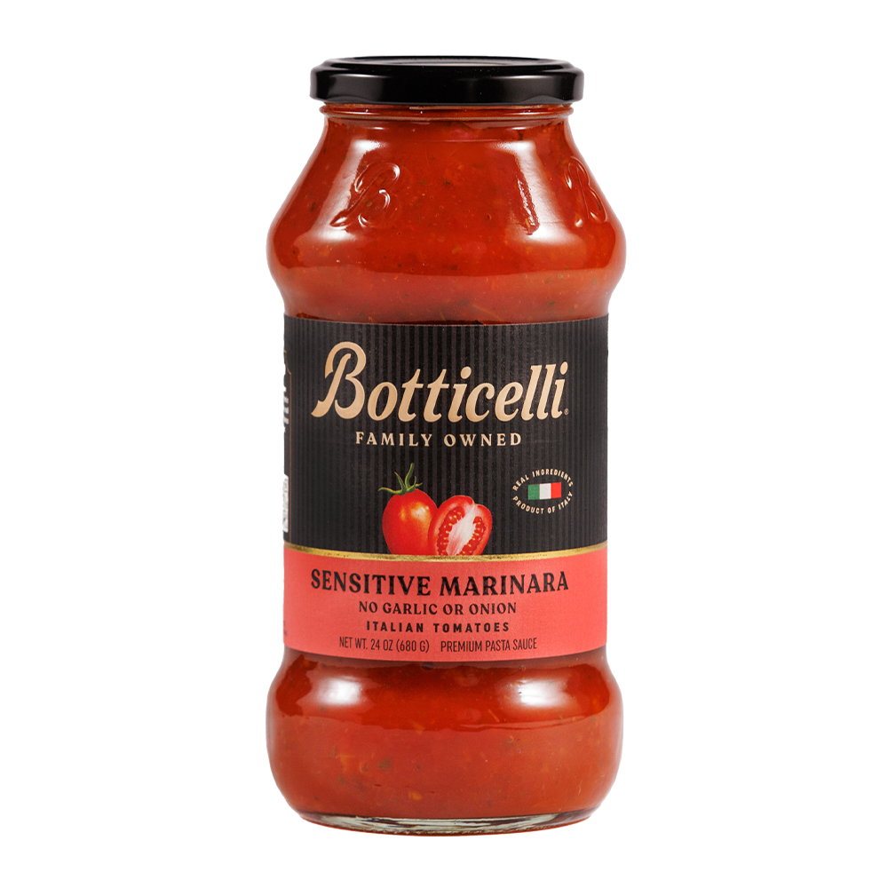 Bottle of Botticelli Sensitive Marinara sauce on a white background