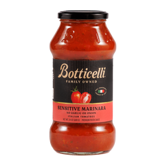 Bottle of Botticelli Sensitive Marinara sauce on a white background