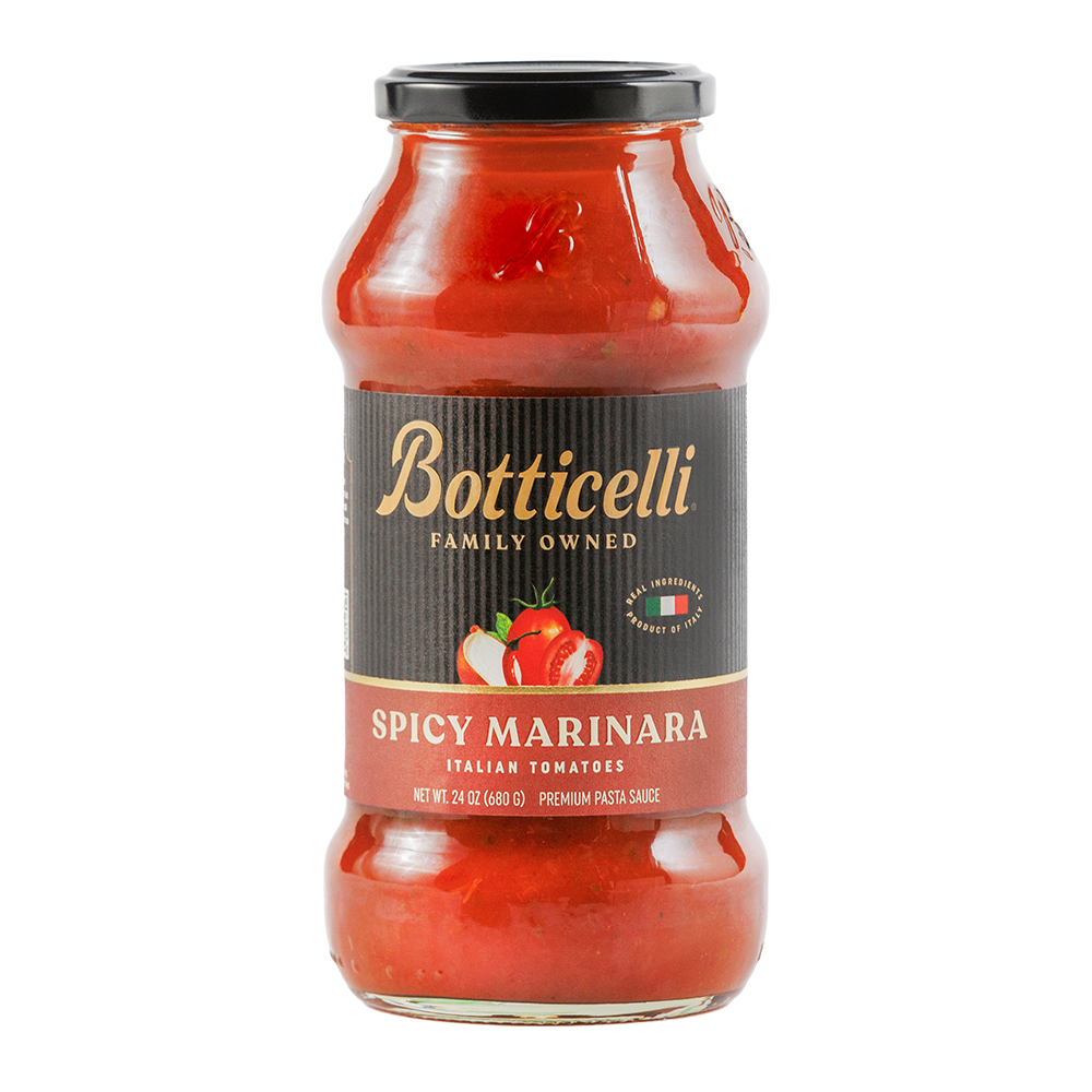 Bottle of Botticelli Spicy Marinara pasta sauce on a white background