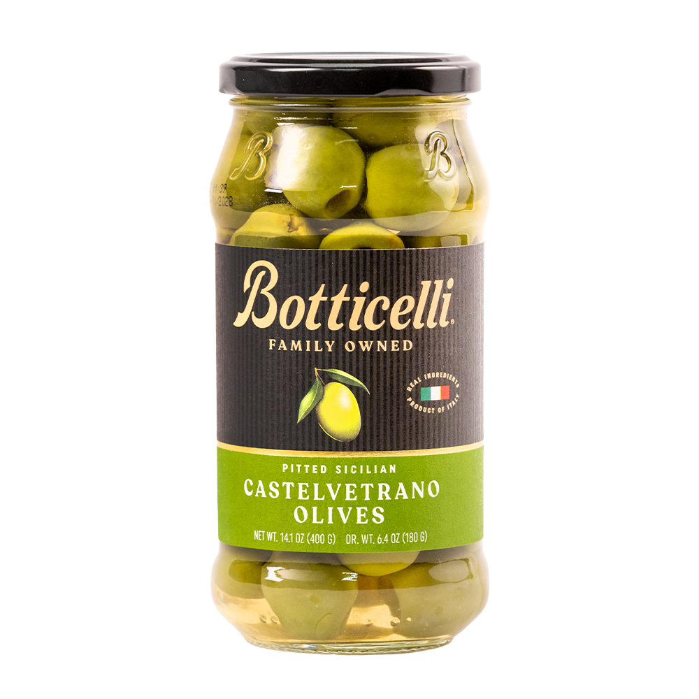 Jar of Botticelli Castelvetrano Olives on a white background