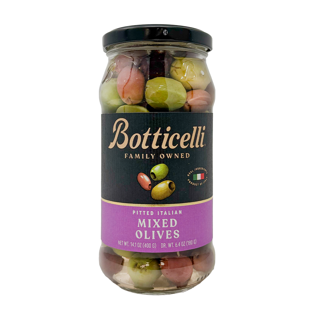 A glass jar of Botticelli Family Owned Pitted Italian Mixed Olives with a black lid and a black and purple label, shown on a white background.