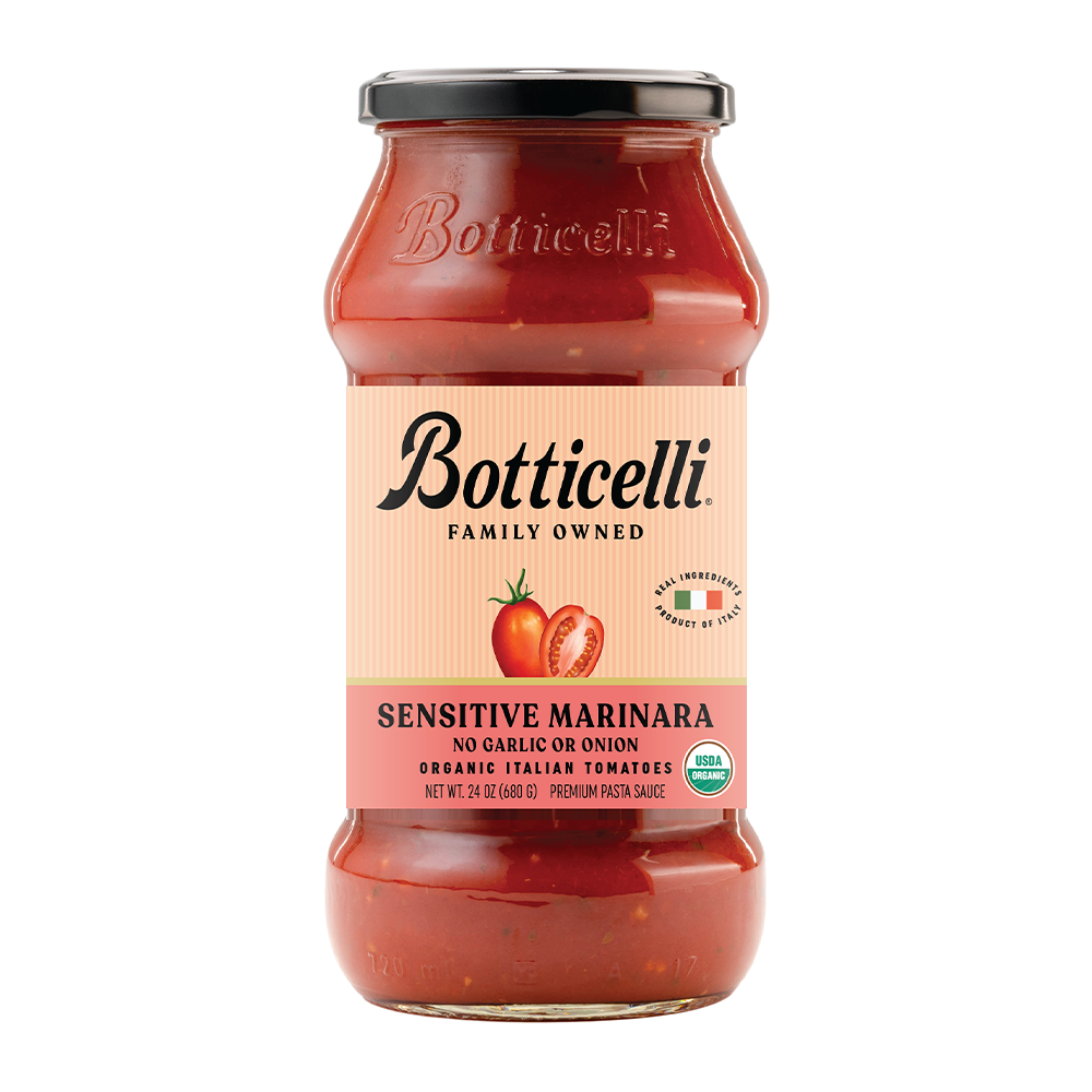 Jar of Botticelli Sensitive Marinara sauce on a white background