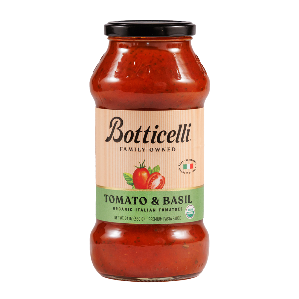 Bottle of Botticelli Tomato & Basil pasta sauce on a white background