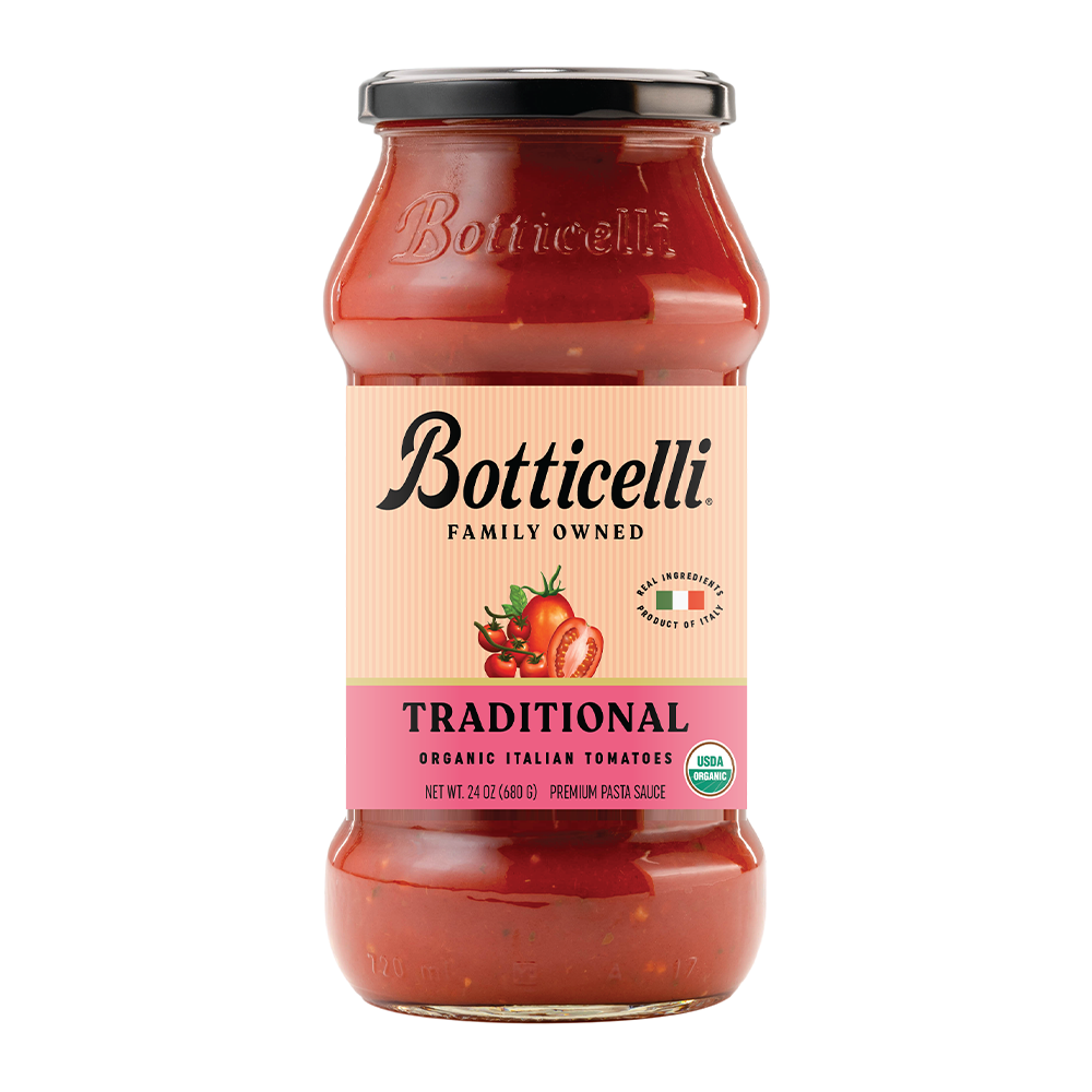 Jar of Botticelli pasta sauce on a white background