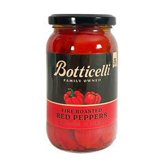 Jar of Botticelli fire roasted red peppers on a white background