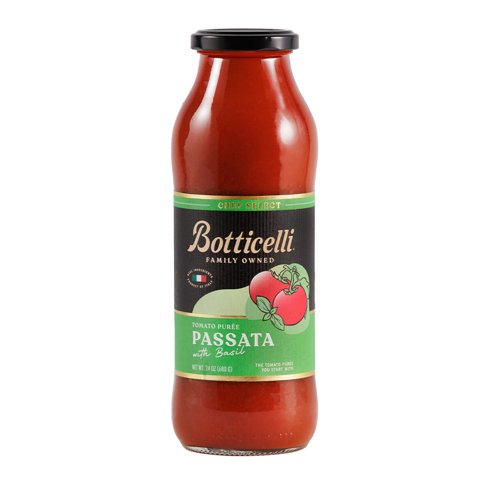 Bottle of Botticelli Passata with Basil on a white background