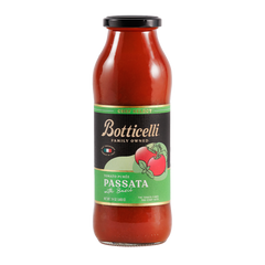 Bottle of Botticelli Passata with Basil on a white background