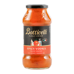 Bottle of Botticelli Spicy Vodka Italian Tomato sauce on a white background