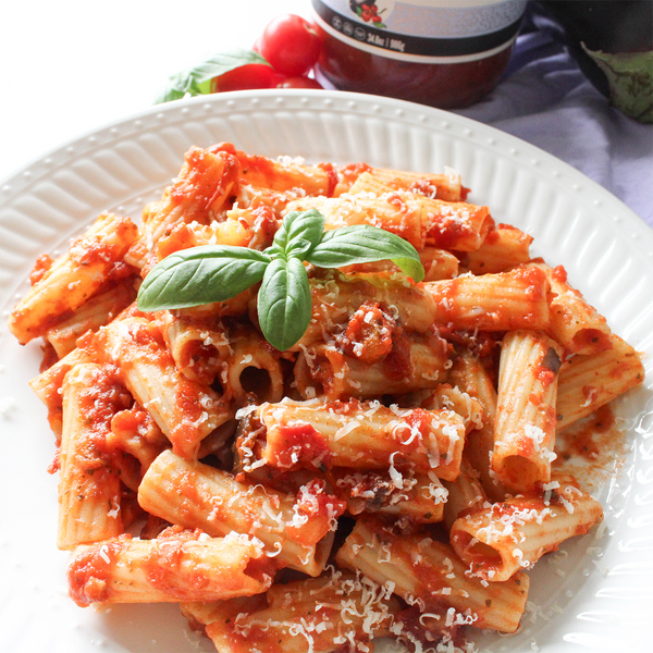 Rigatoni Alla Norma dish made with Sicilian Eggplant Pasta Sauce