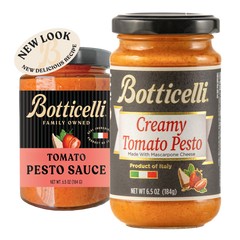 Two jars of Botticelli Tomato Pesto Sauce on a plain white background, one with the old label, one with the new label. A beige circular sticker reading 'NEW LOOK NEW DELICIOUS RECIPE' is attached near the top left of the newly labeled product.