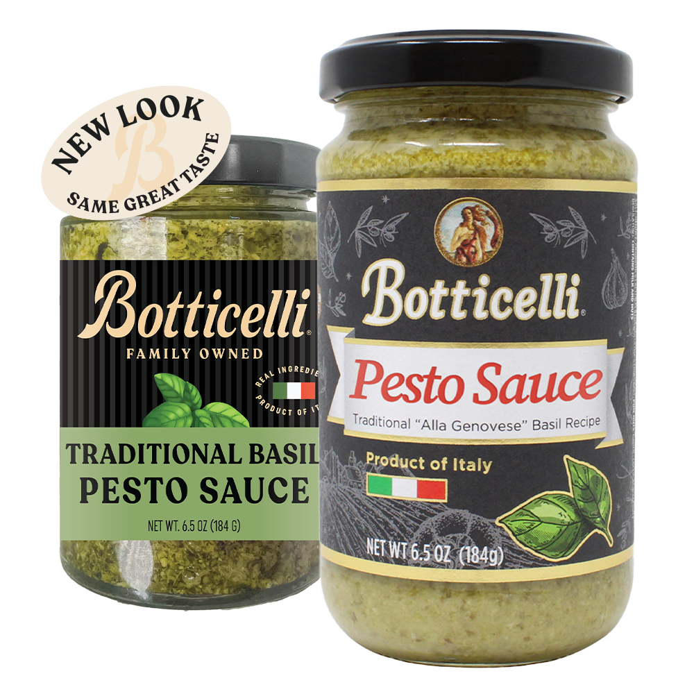 Two glass jars of Botticelli Traditional Basil Pesto Sauce on a white background, one with the old label, and the other with the new label. A beige circular sticker reading 'NEW LOOK NEW DELICIOUS RECIPE' is attached near the top left of the newly labeled product.