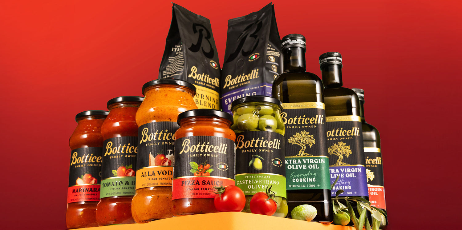 Botticelli food products including sauces, olive oil, and vegetables on a red background